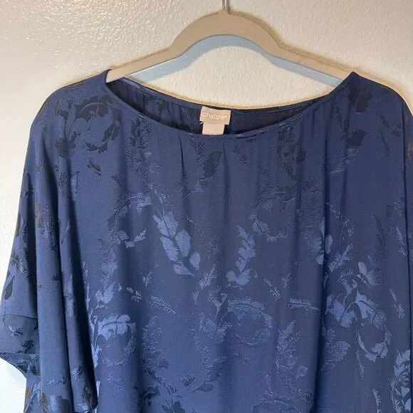 Chico's Women's Size 2 (12-14) Navy Blue Jacquard Dolman Sleeve‎ Top Rayon - Picture 8 of 9